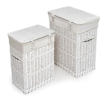 Wicker Two Hamper Set with Liners - White