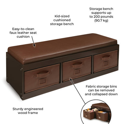 Kid's Storage Bench with Cushion and Three Bins - Espresso