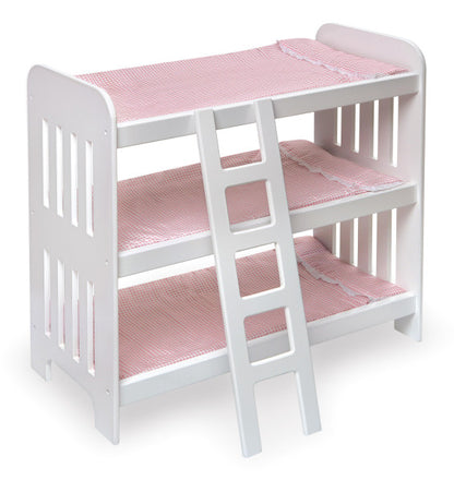 Triple Doll Bunk Bed with Ladder, Bedding, and Free Personalization Kit - Pink Gingham