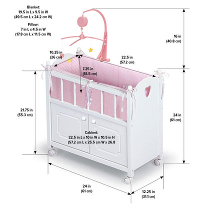 Cabinet Doll Crib with Gingham Bedding and Free Personalization Kit - White/Pink