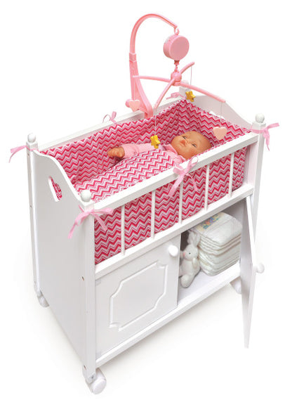 Cabinet Doll Crib with Chevron Bedding and Free Personalization Kit - White/Pink