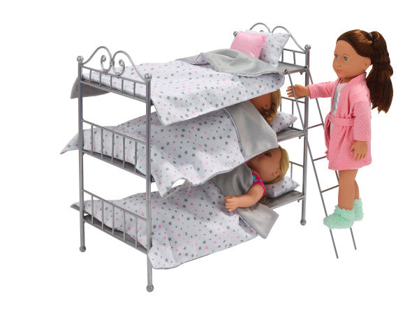 Scrollwork Metal Triple Doll Bunk Bed with Ladder and Bedding - Silver/Pink/Stars