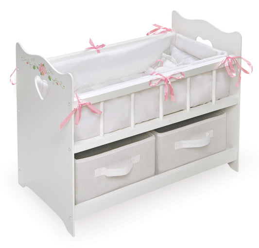 Doll Crib with Bedding, Two Baskets, and Free Personalization Kit - White Rose