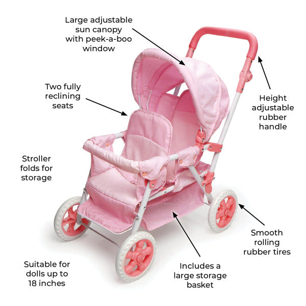 Folding Double Front-to-Back Doll Stroller - Pink/Gingham