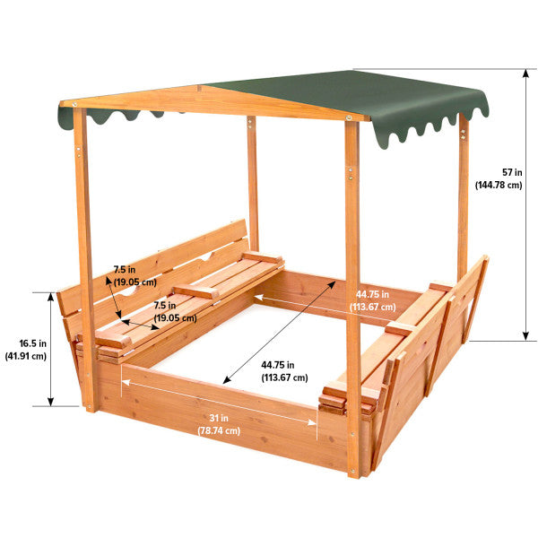 Covered Convertible Cedar Sandbox with Canopy and Two Bench Seats