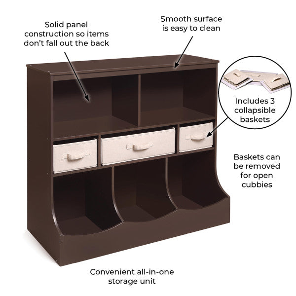 Combo Bin Storage Unit with Three Baskets - Espresso