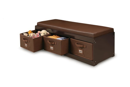 Kid's Storage Bench with Cushion and Three Bins - Espresso