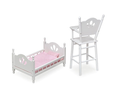 English Country Doll High Chair and Bed Set with Chevron Bedding and Free Personalization Kit - White/Pink