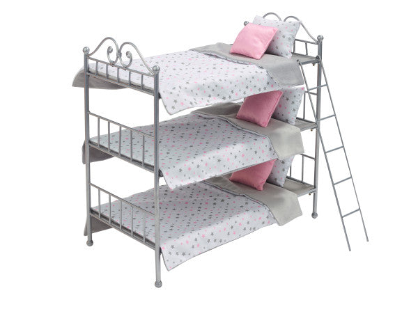 Scrollwork Metal Triple Doll Bunk Bed with Ladder and Bedding - Silver/Pink/Stars