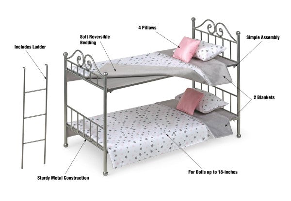 Scrollwork Metal Doll Bunk Bed with Ladder and Bedding - Silver/Pink/Stars