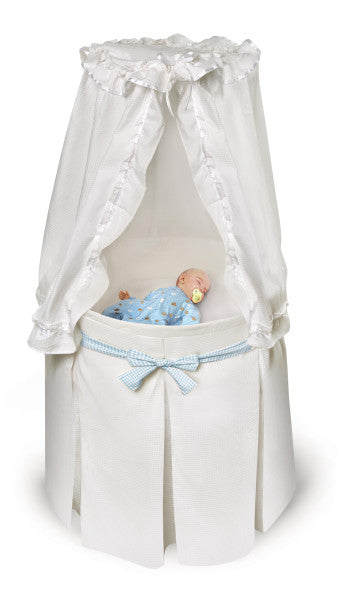 Empress Round Baby Bassinet with Canopy - White Bedding with Gingham Belts