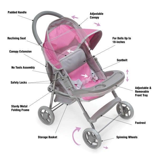 Glide Folding Single Doll Stroller - Gray/Pink