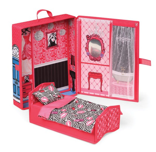 Home & Go Dollhouse Playset Travel & Storage Case with Bed/Bedding for 12-inch Fashion Dolls - Pink/Multi