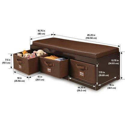 Kid's Storage Bench with Cushion and Three Bins - Espresso