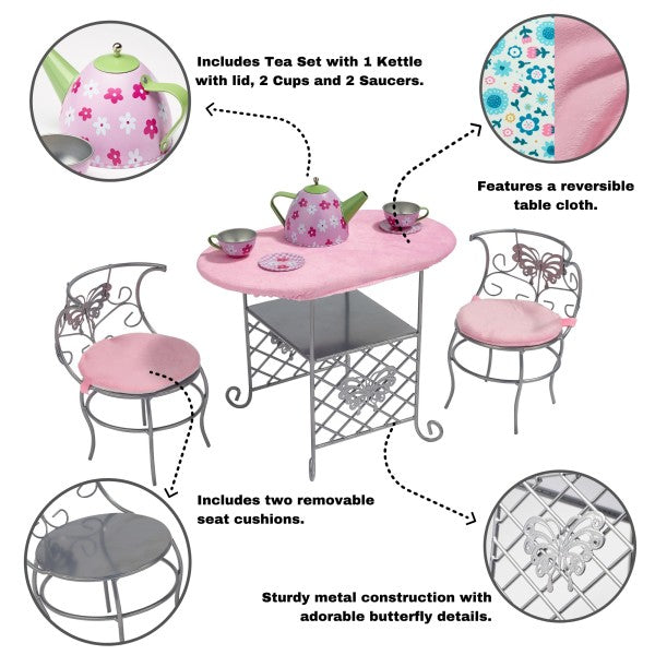 Tea Time Metal Doll Table and Chair Set with Accessories - Silver/Pink/Multi