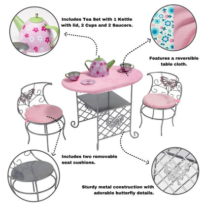 Tea Time Metal Doll Table and Chair Set with Accessories - Silver/Pink/Multi