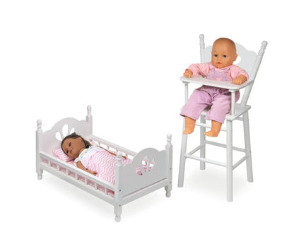 English Country Doll High Chair and Bed Set with Chevron Bedding and Free Personalization Kit - White/Pink