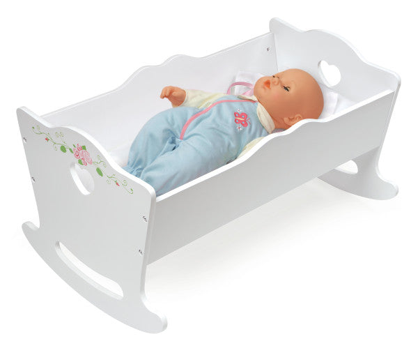 Doll Cradle with Bedding and Free Personalization Kit - White Rose