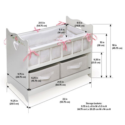 Doll Crib with Bedding, Two Baskets, and Free Personalization Kit - White Rose