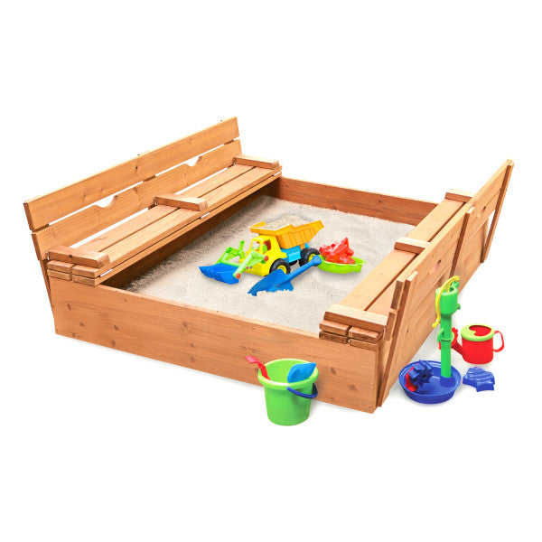 Covered Convertible Cedar Sandbox with Two Bench Seats - Natural