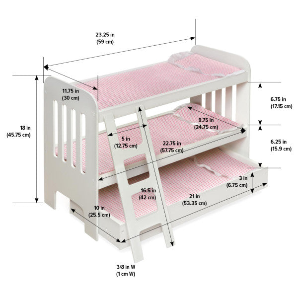 Trundle Doll Bunk Bed with Ladder and Free Personalization Kit - White/Pink