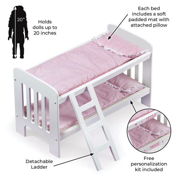 Doll Bunk Bed with Bedding, Ladder, and Free Personalization Kit - White/Pink/Gingham