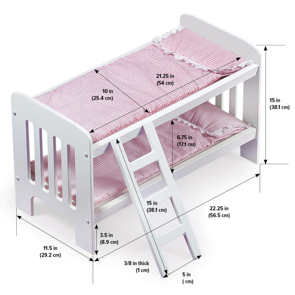 Doll Bunk Bed with Bedding, Ladder, and Free Personalization Kit - White/Pink/Gingham