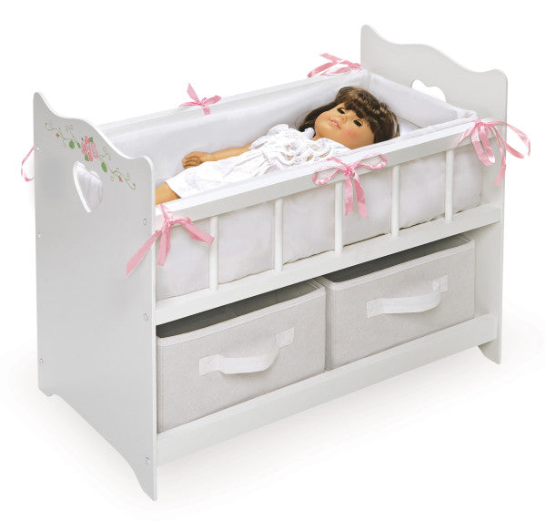 Doll Crib with Bedding, Two Baskets, and Free Personalization Kit - White Rose