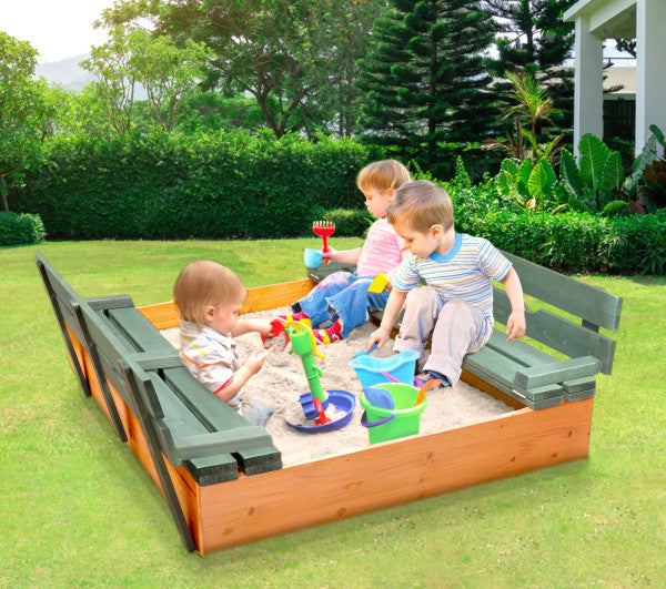 Covered Convertible Cedar Sandbox with Two Bench Seats - Natural/Green