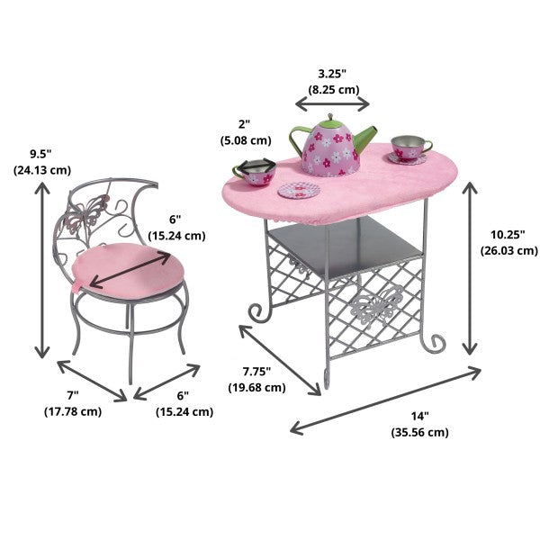 Tea Time Metal Doll Table and Chair Set with Accessories - Silver/Pink/Multi