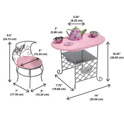 Tea Time Metal Doll Table and Chair Set with Accessories - Silver/Pink/Multi