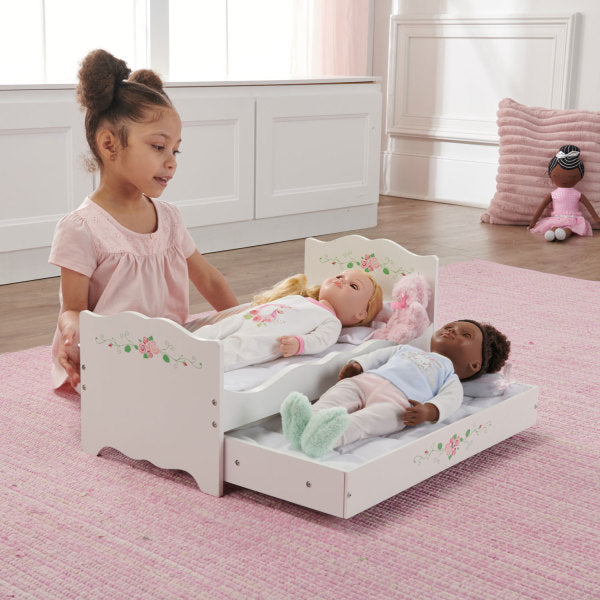 Doll Bed with Trundle and Bedding - White Rose