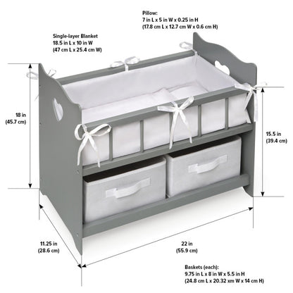 Doll Crib with Two Baskets and Free Personalization Kit - Executive Gray