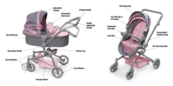 Daydream Multi-Function Single Doll Pram & Stroller - Gray/Pink