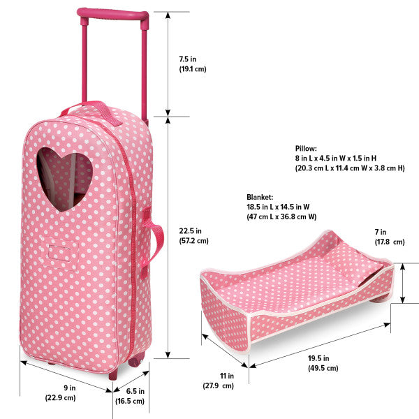 3-in-1 Trolley Doll Carrier with Rocking Bed and Bedding - Pink/Polka Dot