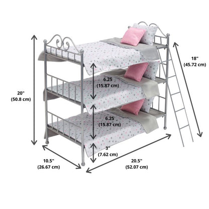 Scrollwork Metal Triple Doll Bunk Bed with Ladder and Bedding - Silver/Pink/Stars