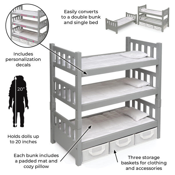 1-2-3 Convertible Doll Bunk Bed with Baskets and Free Personalization Kit - Executive Gray