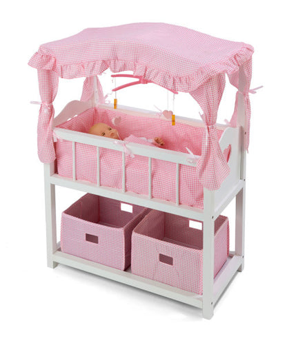 Canopy Doll Crib with Baskets, Bedding, and Mobile - White/Pink