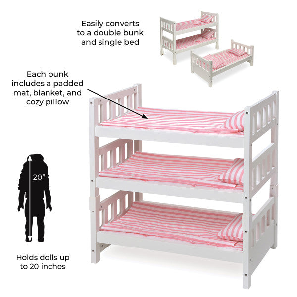 1-2-3 Convertible Doll Bunk Bed with Bedding and Free Personalization Kit - Pink/Stripe