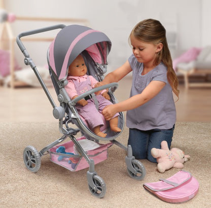 Daydream Multi-Function Single Doll Pram & Stroller - Gray/Pink