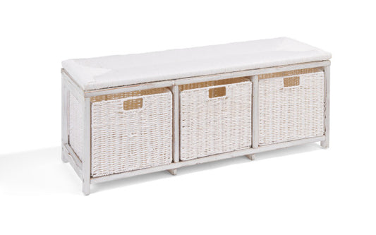 Kid's Storage Bench with Woven Top and Baskets - White