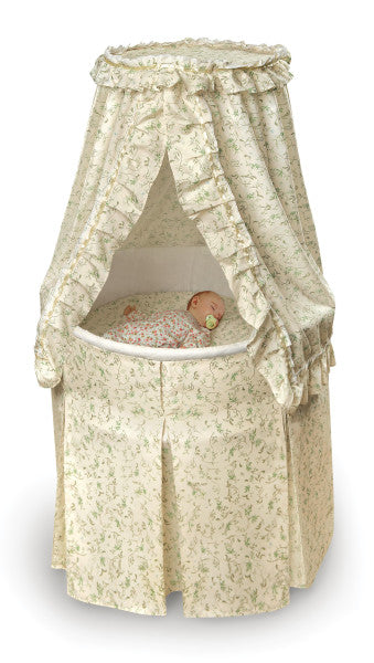 Empress Round Baby Bassinet with Canopy - Ecru and Leaf Print Bedding