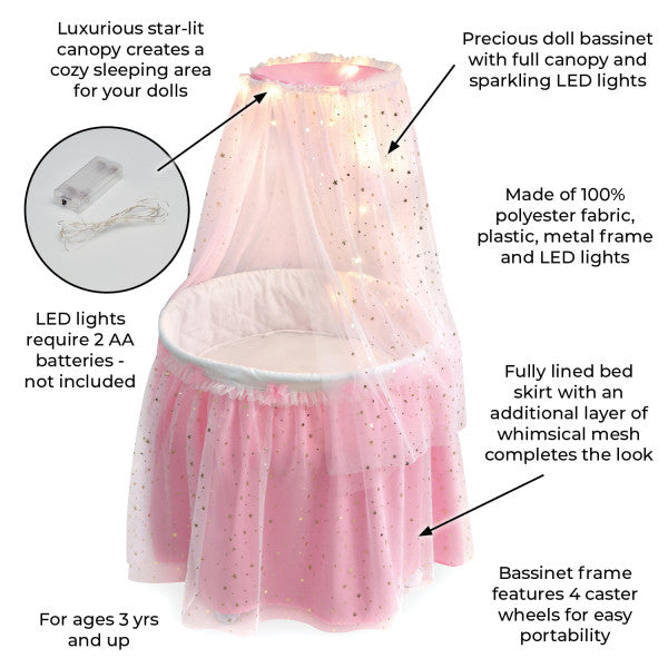 Sweet Dreams Round Doll Bassinet with Canopy and LED Lights - Pink/White/Stars