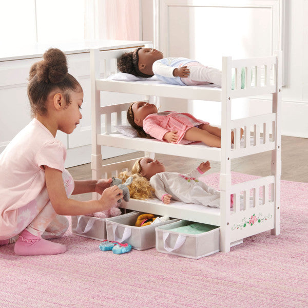 1-2-3 Convertible Doll Bunk Bed with Bedding, Baskets and Free Personalization Kit - White Rose