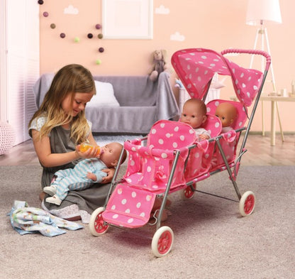 Folding Triple Doll Stroller - Pink/Polka Dots