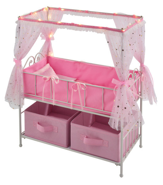 Starlights Metal Doll Crib with Canopy, Bedding, Storage and LED Lights - Pink/White/Stars