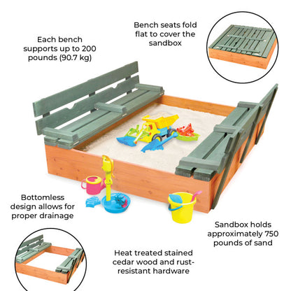 Covered Convertible Cedar Sandbox with Two Bench Seats - Natural/Green