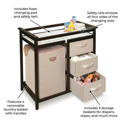 Modern Baby Changing Table with Hamper and 3 Baskets - Espresso