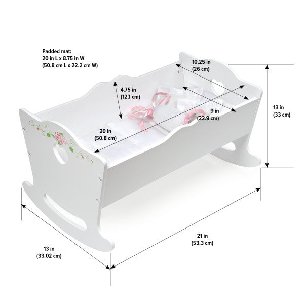 Doll Cradle with Bedding and Free Personalization Kit - White Rose