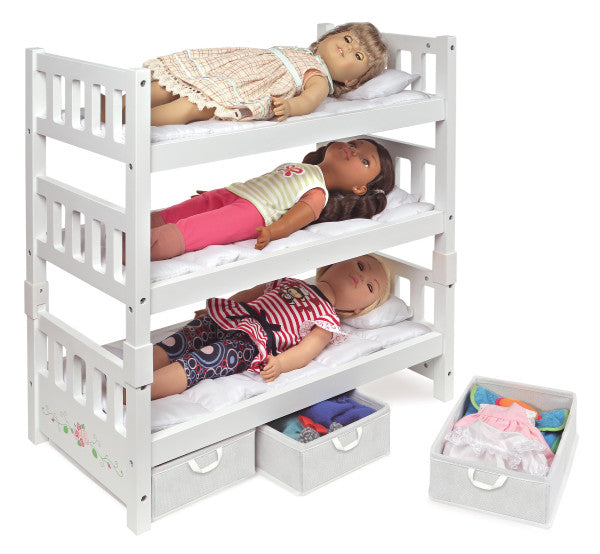 1-2-3 Convertible Doll Bunk Bed with Bedding, Baskets and Free Personalization Kit - White Rose